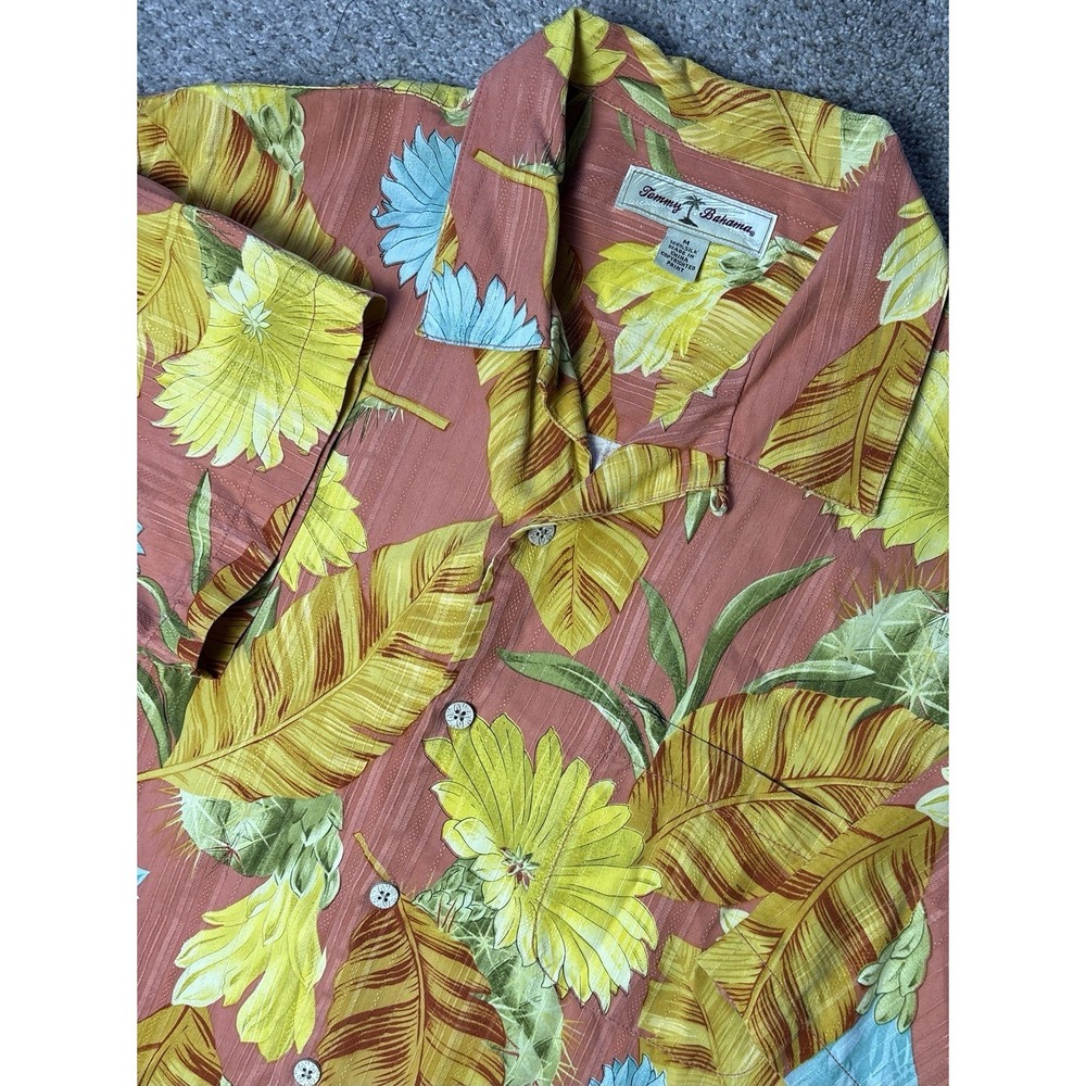 Tommy Bahama Mens Medium Silk‎ Camp Shirt Short Sleeve Orange Cactus Hawaiian
